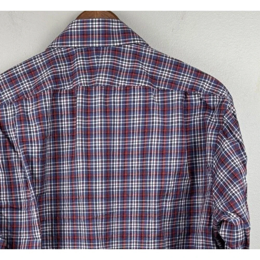 Peter Millar Button Up Shirt men’s Large blue Red White Plaid Long Sleeve Casual